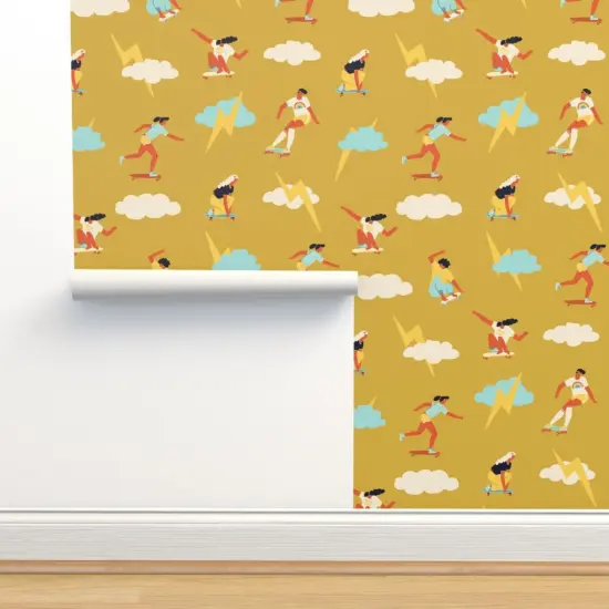 Peel & Stick Wallpaper 2FT Wide Skater Girls Retro 1970S Skateboard Feminism Women Skateboarding Custom Removable Wallpaper by Spoonflower {2}