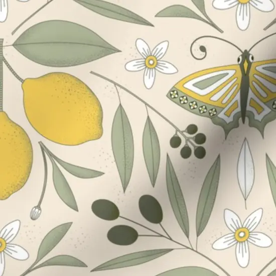 Various Fabrics by the Yard or Fat Quarter Yellow Butterfly Damask Olive Lemon Botanical Italy Pastel Colors Mediterranean Tree Large Scale Citrus Moth Insects Custom Printed Fabric by Spoonflower {7}