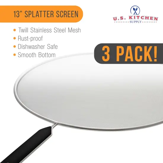 U.S. Kitchen Supply&reg; Set of 3 Classic 13" Splatter Screens - Stainless Steel Fine Mesh, Comfort Grip Handles, Boiling Pots Frying Pans Grease Oil Guard {2}