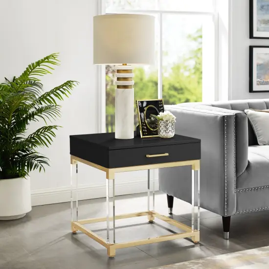 Caspian High Gloss Acrylic Leg Metal Base Side/Accent Table Nightstand White/Gold {6}