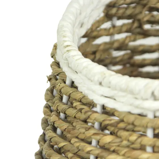 Set of 2 Natural and White Hand-Woven Seagrass Round Baskets Bohemian Decor Brown {3}