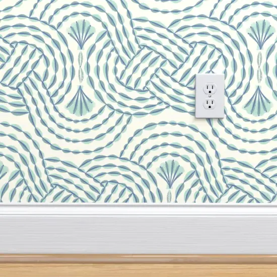 Pre-Pasted Wallpaper 2FT Wide Nautical Rope Sea Shells Blue Grey And Ivory Coastal Beach Custom Pre-pasted Wallpaper by Spoonflower {4}