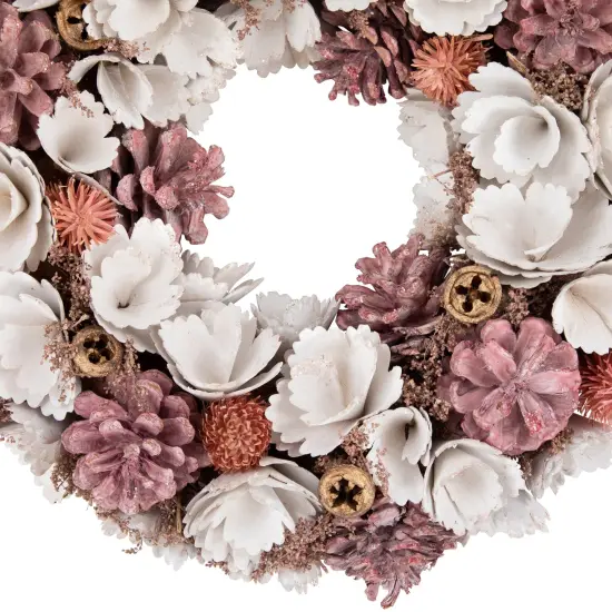 Northlight 13" White and Pink Wooden Floral Christmas Wreath with Pinecones {5}