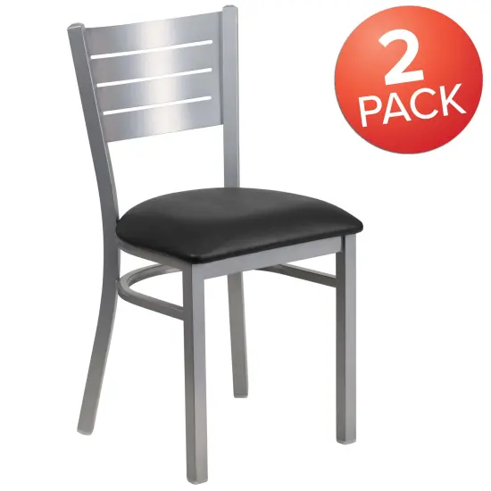 Emma and Oliver 2 Pack Silver Slat Back Metal Restaurant Chair BlackVinyl/Silver {5}