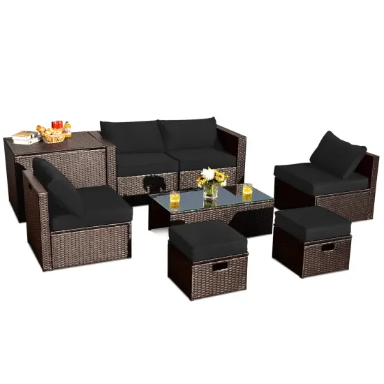 8 Pieces Patio Space-Saving Rattan Furniture Set with Storage Box and Waterproof Cover Black {1}