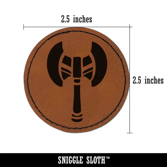 Battle Axe Dwarven Fantasy Weapon Round Iron-On Engraved Faux Leather Patch Applique - 2.5" Brown {2}