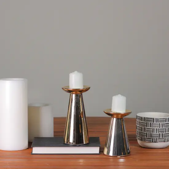 Raz Set Of 2 Shiny Gold Pedestal Taper and Votive Ceramic Candle Holders 7" {3}