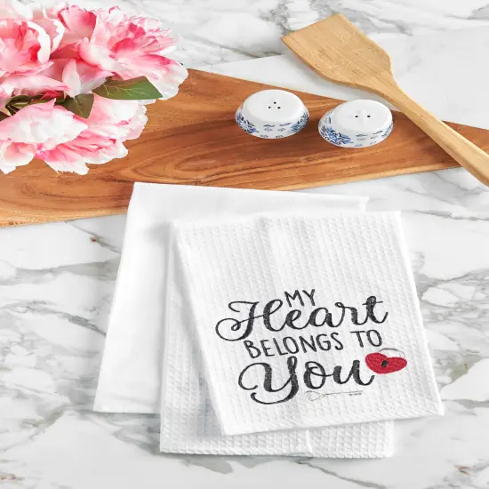 Valentine's Day "Heart Belongs To You" Embroidered Waffle Weave Kitchen Dishtowel {3}