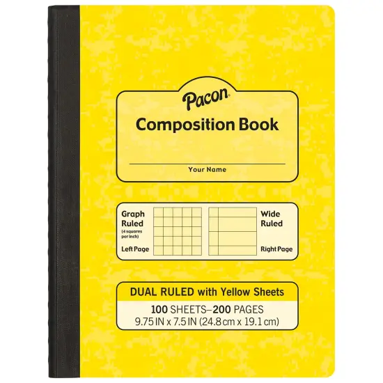 Dual Ruled Composition Book, Yellow, 1/4 in grid and 3/8 in (wide) 9-3/4" x 7-1/2", 100 Sheets, Pack of 6 {2}
