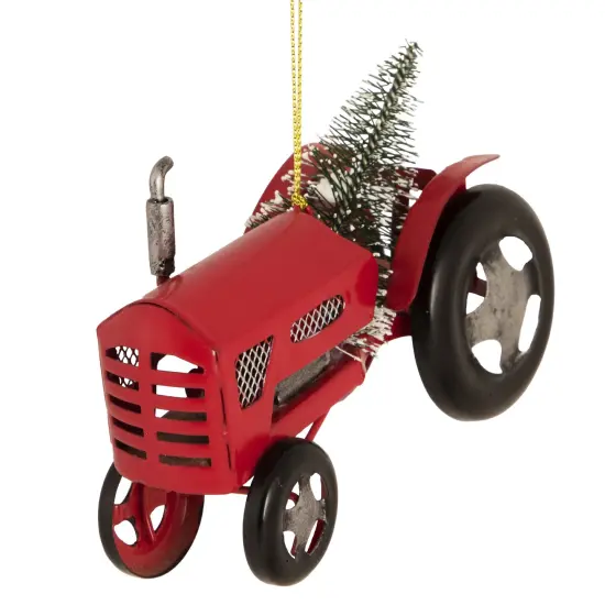 Northlight Metal Tractor with Frosted Tree Christmas Ornament - 3" - Red and Silver {4}