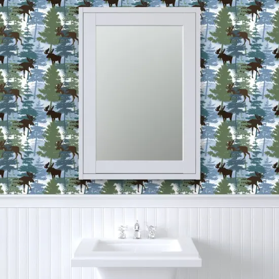 Pre-Pasted Wallpaper 2FT Wide Blue Woods Outdoor Green Trees Moose Wildlife. Pines Forest Winter Custom Pre-pasted Wallpaper by Spoonflower {6}