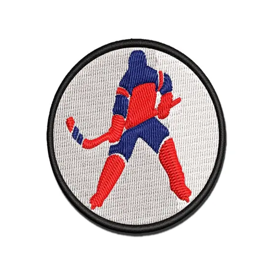 Hockey Player Holding Hockey Stick Multi-Color Embroidered Iron-On or Hook & Loop Patch Applique {1}