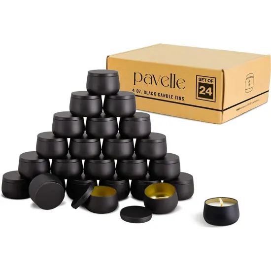 Pavelle Black Candle Container Tins, 24 Metal Tin Containers with Lids for DIY Candle Making {7}
