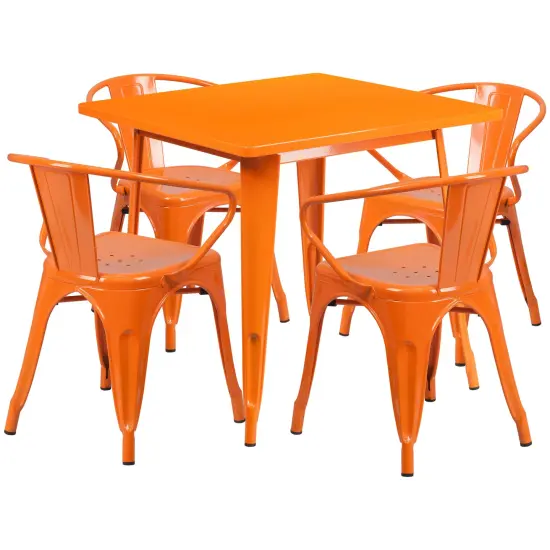 Emma and Oliver Commercial Grade 31.5" Square Metal Indoor-Outdoor Table Set with 4 Arm Chairs Orange {1}