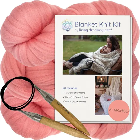 DIY Merino Wool Blanket Knitting Kit: Soft and Thick #7 Weight Jumbo Yarn, Knitting Needles and Pattern. Soft, Cozy, Great for Gifts Flamingo {1}