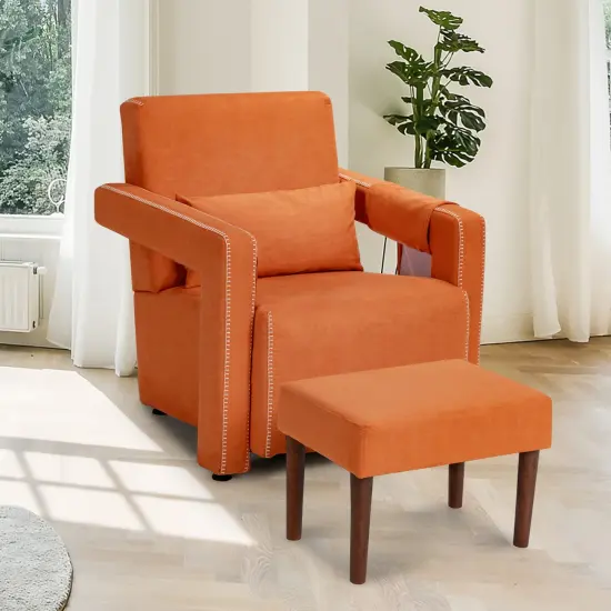 Modern Berber Fleece Single Sofa Chair Included Ottoman and Waist Pillow Suitable for Any Terrain Orange {5}