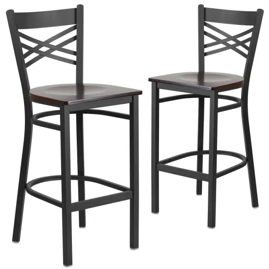 Emma and Oliver 2 Pack "X" Back Metal Restaurant Barstool Walnut/BlackMetal {1}