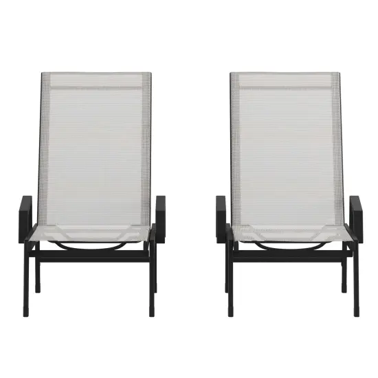 Emma and Oliver Braelin Set of 2 Textilene Adjustable 5 Position Patio Chaise Lounge with Armrests and Metal Frame Black/Gray {1}