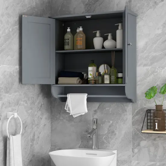 Wall Mounted Bathroom Storage Medicine Cabinet with Towel Bar Gray {3}