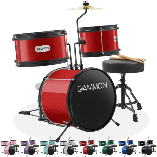 Gammon 3-Piece Junior Drum Set with Throne, Complete Beginner Kit with Bass Drum, Toms, Cymbal, Pedal, and Drumsticks {7}
