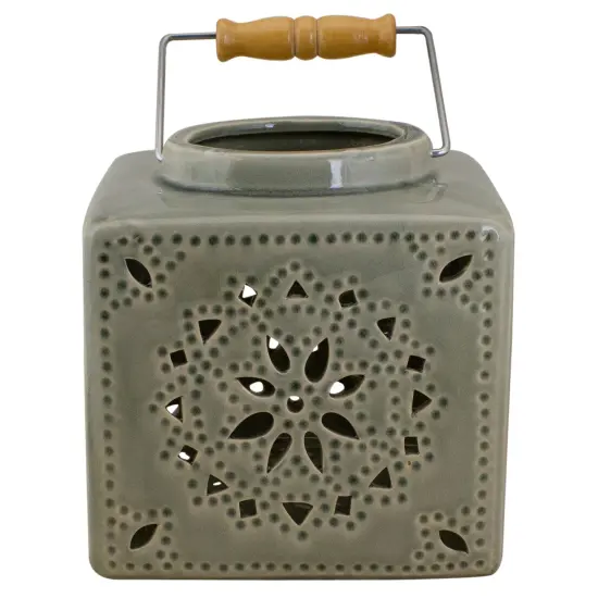 Koopman International 6.75" Light Olive Green Square Crackle Finish Mosaic Cut Out Lantern {4}