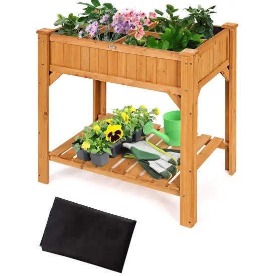 Costway 8 Grids Raised Garden Bed Elevated Planter Box Kit Wood w/Liner & Shelf {1}