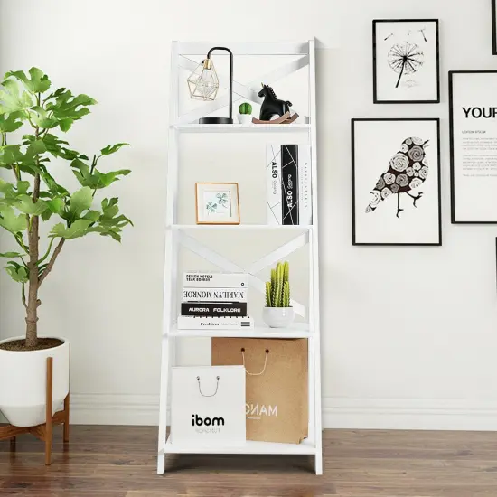 2 Piece MDF 4-Tier Ladder Shelf Bookshelf Rack for Home and Office White {2}