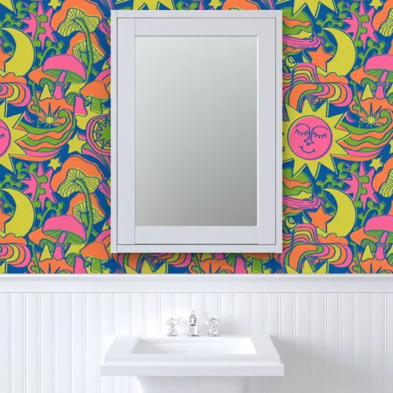 Peel & Stick Wallpaper 2FT Wide Neon Suns Blue Groovy Kitsch 70S 1970S Retro Whimsical Moon Stars Boho Colorful Hippie Custom Removable Wallpaper by Spoonflower {6}