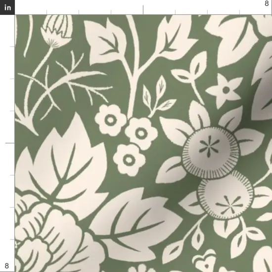 Various Fabrics by the Yard or Fat Quarter Sage Green Floral Hand Drawn Traditional Classic Serene And Cream Block Print Custom Printed Fabric by Spoonflower {4}