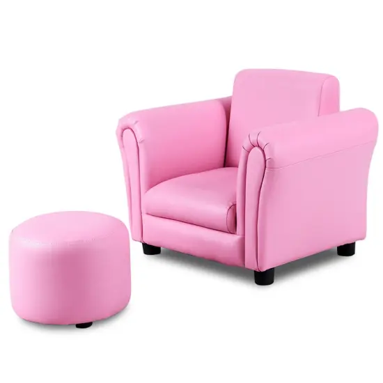 Kids Single Armrest Couch Sofa with Ottoman Pink {4}