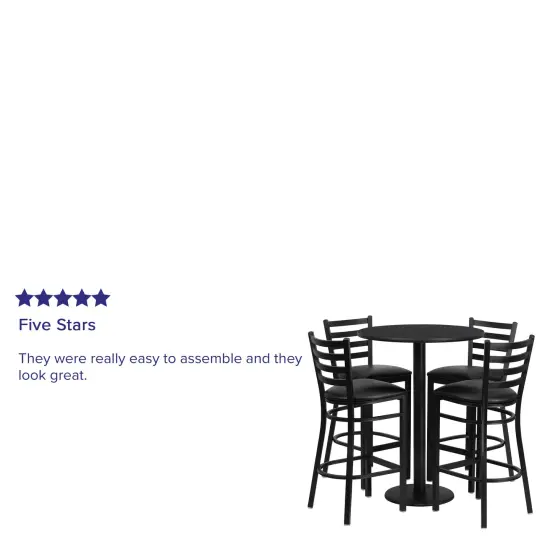 Emma and Oliver 30" Round Laminate Table Set with 4 Ladder Back Metal Stools BlackTop/BlackVinyl {3}
