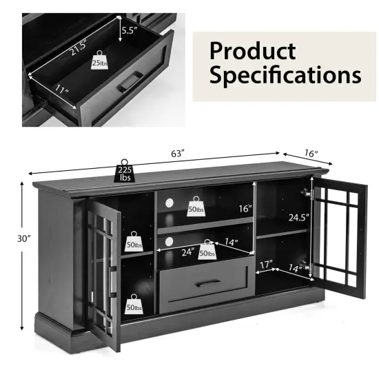 TV Stand for TVs up to 70 with Glass Doors Cubbies and Drawer-Black {5}