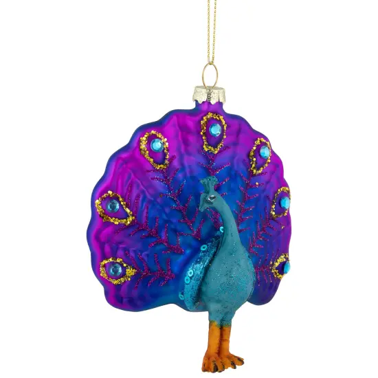 Northlight Standing Glittered Peacock Glass Christmas Ornament - 4.75" - Purple and Blue {4}
