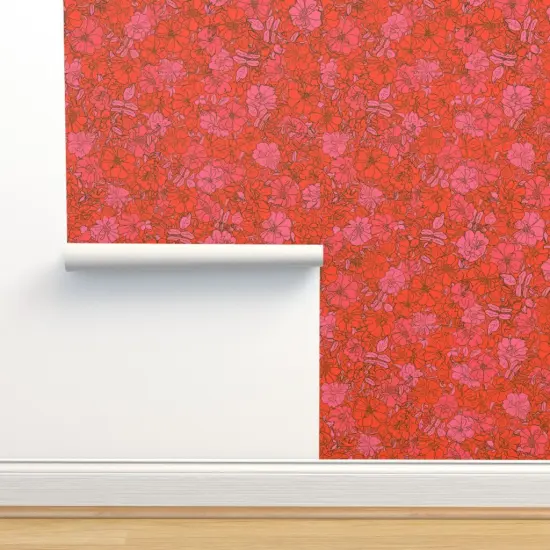 Peel & Stick Wallpaper 2FT Wide Red Floral Pink Retro Flowers Hand Drawn Small Scale Monochromatic Custom Removable Wallpaper by Spoonflower {2}