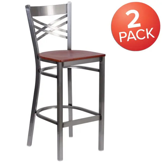 Emma and Oliver 2 Pack Clear Coated "X" Back Metal Restaurant Barstool Walnut/ClearCoated {10}