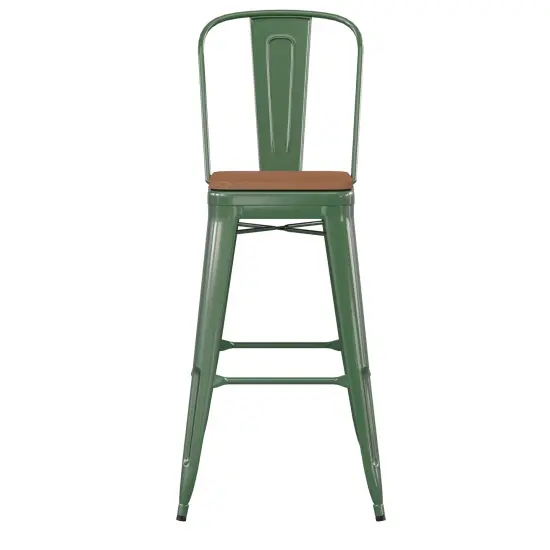 Emma and Oliver Kam Metal Indoor-Outdoor Stool with Removable Back and All-Weather Polystyrene Seat Green/Teak {3}