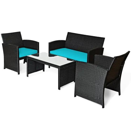 Costway 4PCS Patio Rattan Furniture Conversation Set Cushion Sofa Table Garden Turquoise\Navy {9}