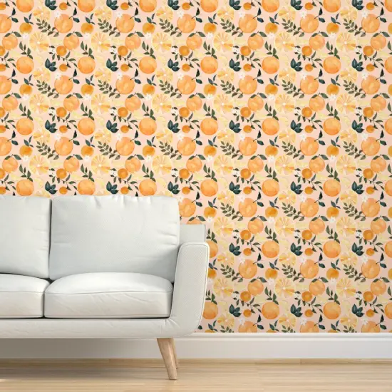 Peel & Stick Wallpaper 2FT Wide Watercolor Fruit Summer Orange Citrus Modern Botanical Small Scale Custom Removable Wallpaper by Spoonflower {5}