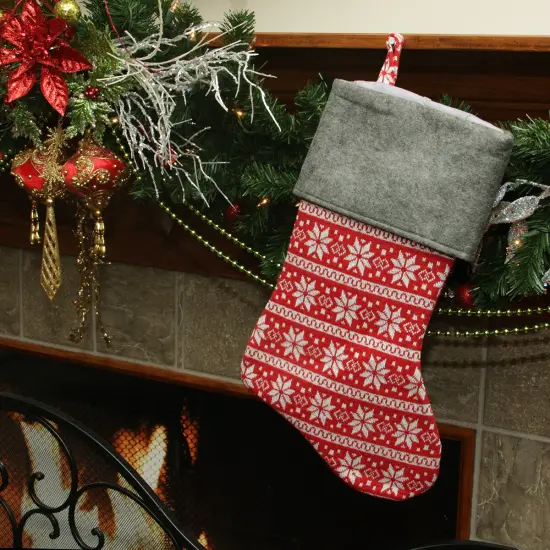 Northlight 19" Festive Red, White and Grey Poinsettia Style Snowflake Motif Sweater Knit Christmas Stocking {3}