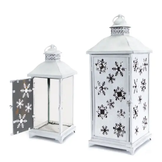 Melrose Set of 2 Large White Cut-Out Snowflake All-Weather Iron and Glass Christmas Candle Lanterns {1}