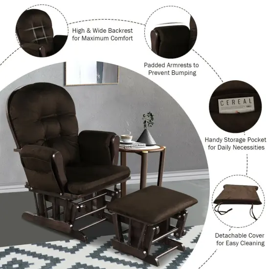 Solid Wood Gliding Chair Set with Pockets and Ottoman for Relaxing Brown {4}