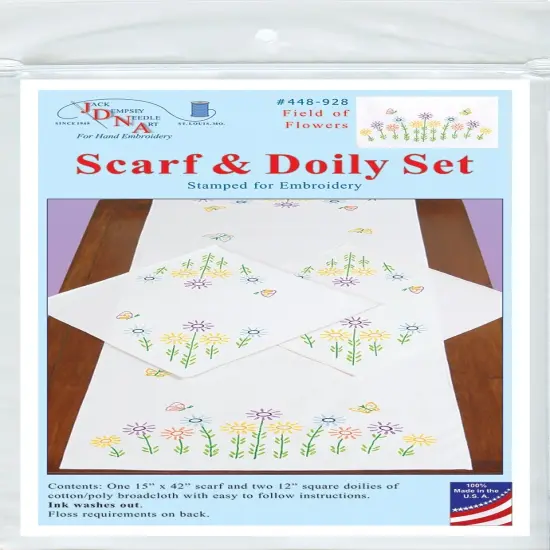 Jack Dempsey Stamped Dresser Scarf & Doilies Perle Edge-Field Of Flowers {1}