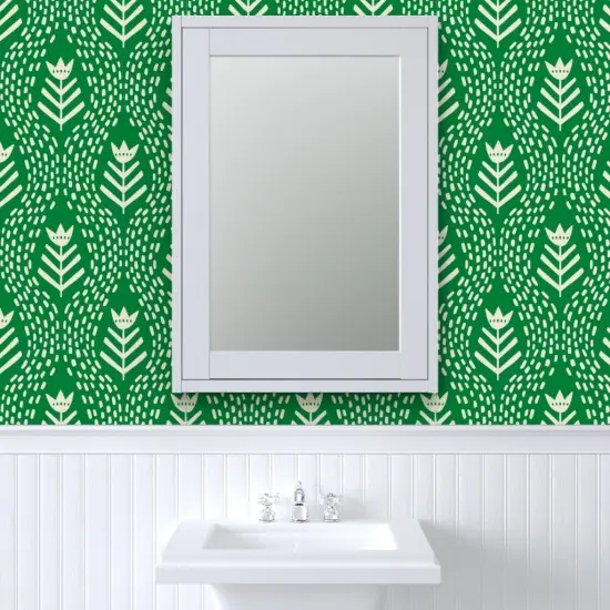 Pre-Pasted Wallpaper 2FT Wide Simple Floral Rustic Botanical Hand Drawn Green And Cream Tulip Custom Pre-pasted Wallpaper by Spoonflower {6}