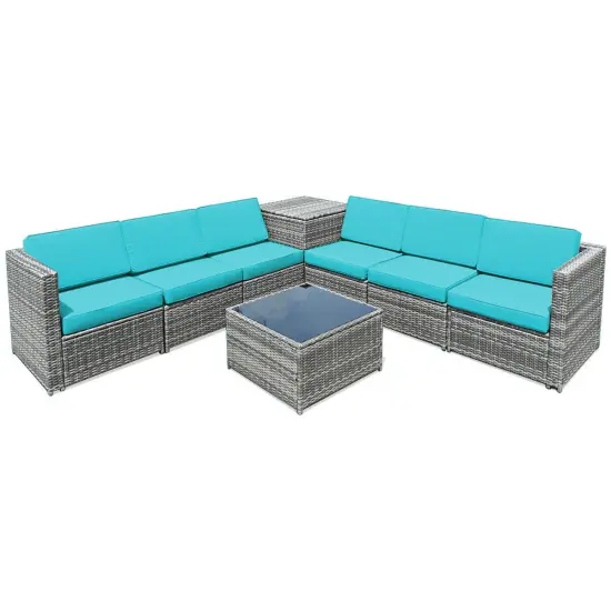 8 Piece Wicker Sofa Rattan Dinning Set Patio Furniture With Storage Table Turquoise {3}