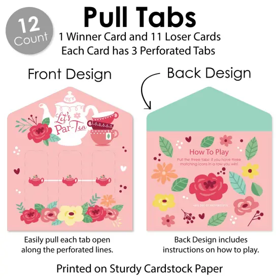 Big Dot of Happiness Floral Let's Par-Tea - Garden Tea Party Game Pickle Cards - Pull Tabs 3-in-a-Row - Set of 12 {6}