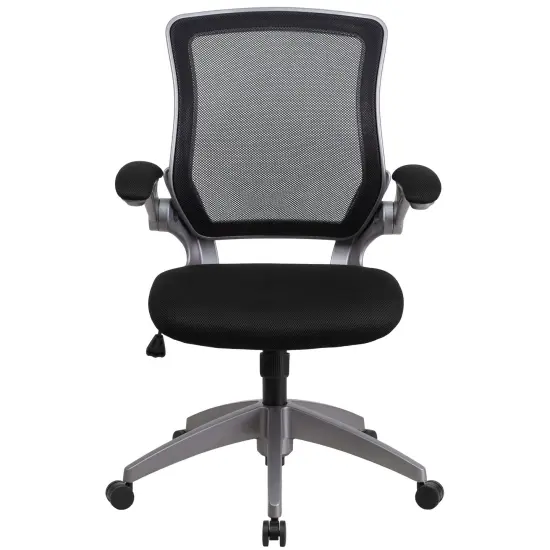 Emma and Oliver Mid-Back Mesh Swivel Ergonomic Task Office Chair with Gray Frame & Flip-Up Arms Black {3}