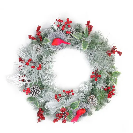 Northlight Berries and Cardinals Nests Flocked Pine Artificial Christmas Wreath - 24" - Unlit Green {1}