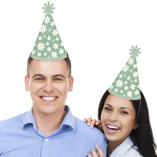 Big Dot of Happiness Sage Green Daisy Flowers - Cone Happy Birthday Party Hats for Kids and Adults - Set of 8 (Standard Size) {3}