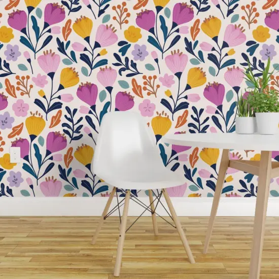 Peel & Stick Wallpaper 2FT Wide Crocus Bloom Whimsical Floral Modern Garden Botanical Purple Yellow Large Scale Custom Removable Wallpaper by Spoonflower {1}