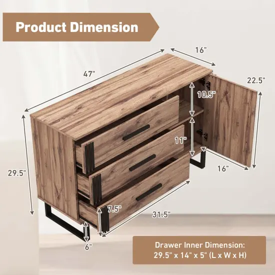 Costway Vintage Accent Cabinet Sideboard Cabinet with 3 Drawers, 1 Door, 1 Adjustable Shelf Rustic Brown {3}